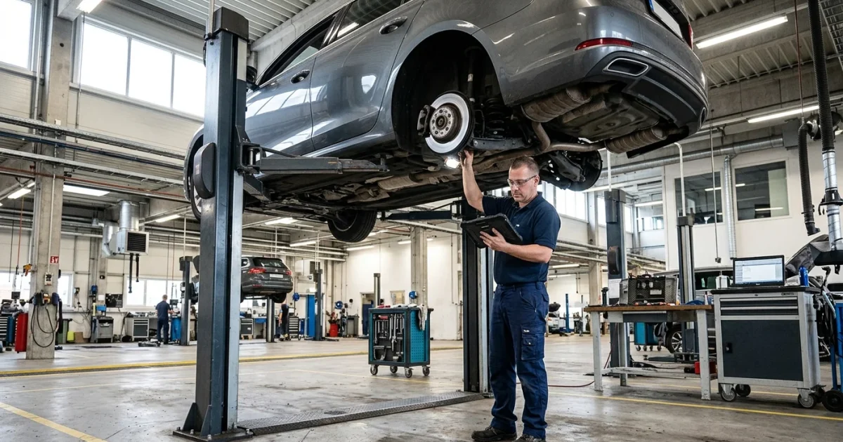 Technik kontroluje vůz na zvedáku ve stanici technické kontroly