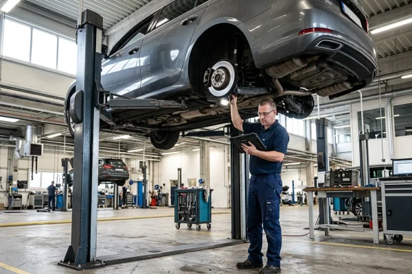 Technik kontroluje vůz na zvedáku ve stanici technické kontroly