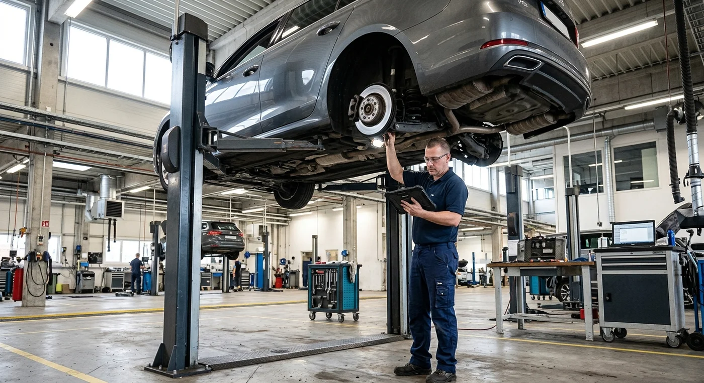 Technik kontroluje vůz na zvedáku ve stanici technické kontroly