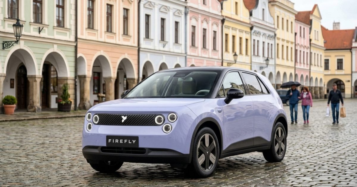 NIO Firefly na cobblestone náměstí českého historického města