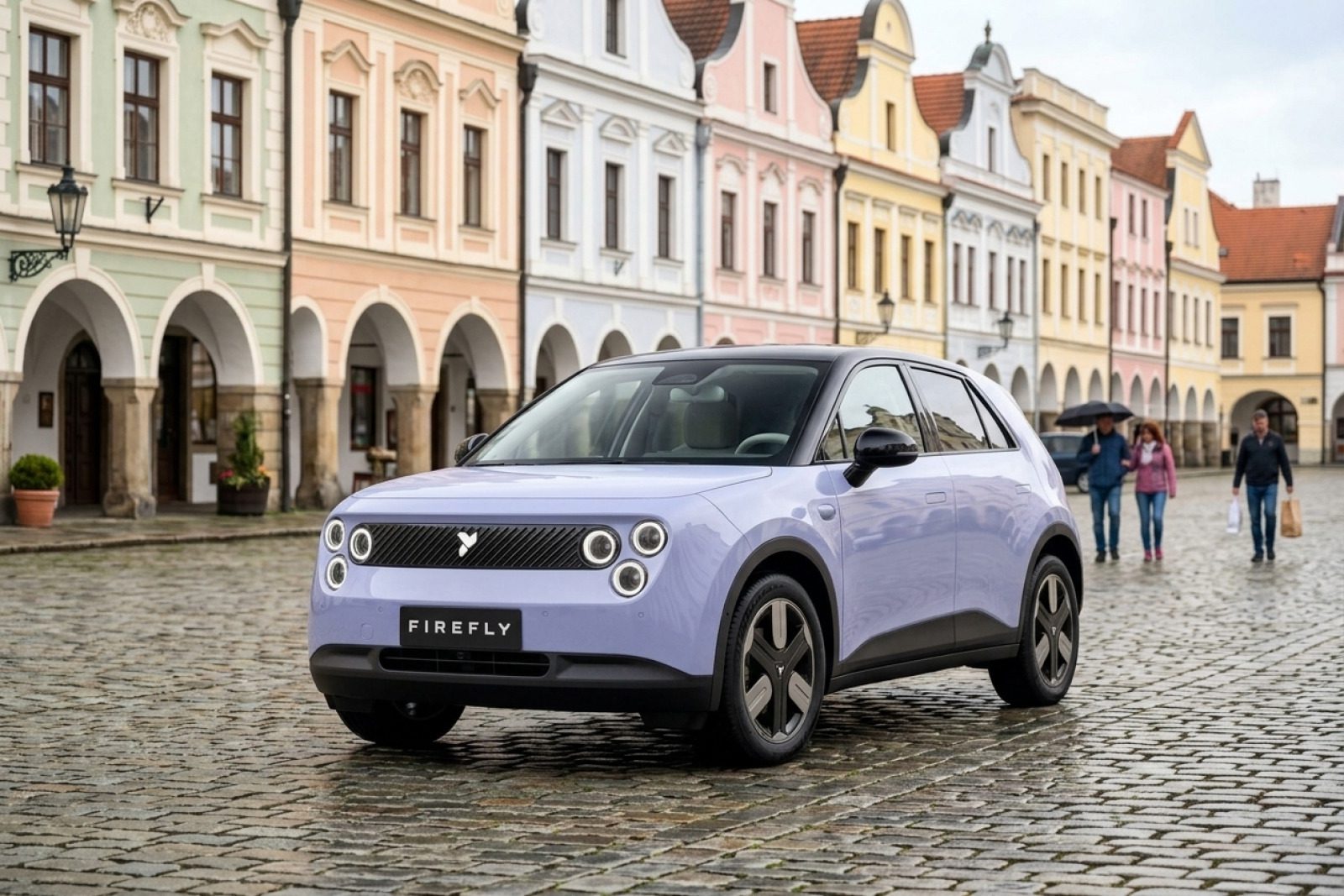 NIO Firefly na cobblestone náměstí českého historického města