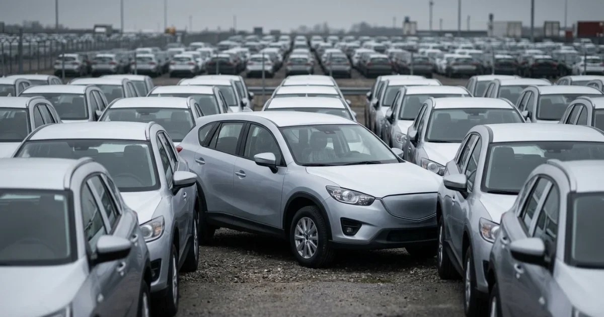 Jedno nové SUV obklopené dalšími na odstavném parkovišti dealera, čekající na prodej