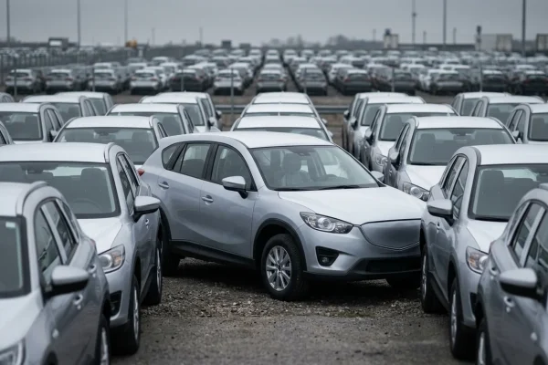 Jedno nové SUV obklopené dalšími na odstavném parkovišti dealera, čekající na prodej