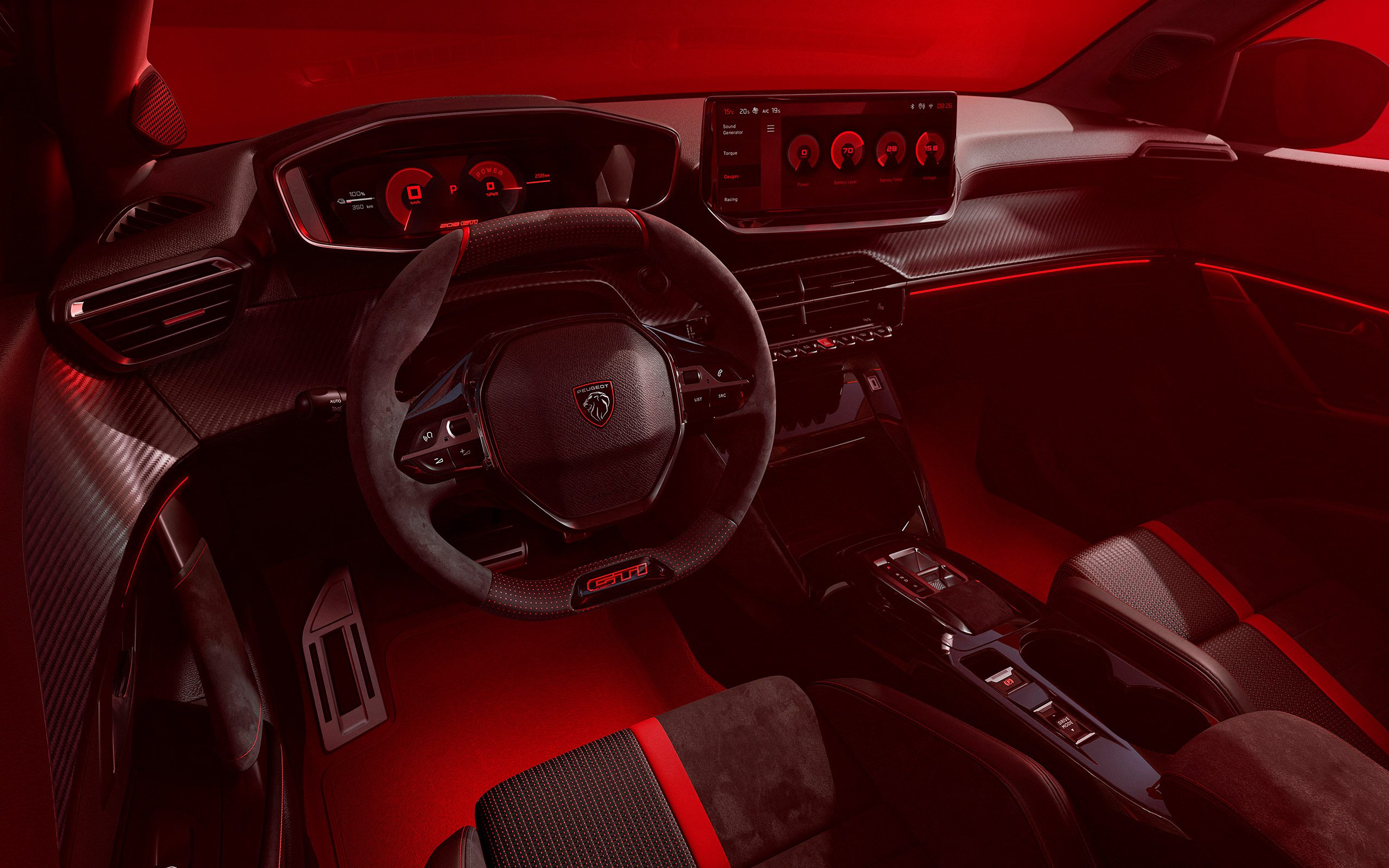 Interiér Peugeot e-208 GTi 2026 s alcantarovým volantem