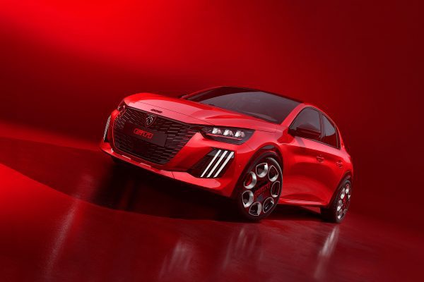 Peugeot e-208 GTi 2026 čelní pohled v červené barvě