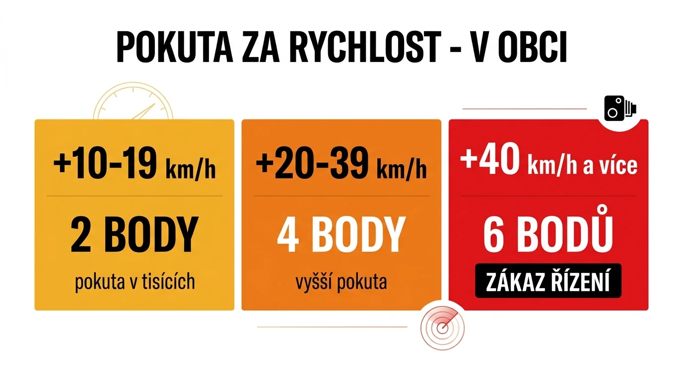 Infografika pásem pokut za překročení rychlosti v obci - +10-19 km/h 2 body, +20-39 km/h 4 body, +40 km/h 6 bodů a zákaz řízení