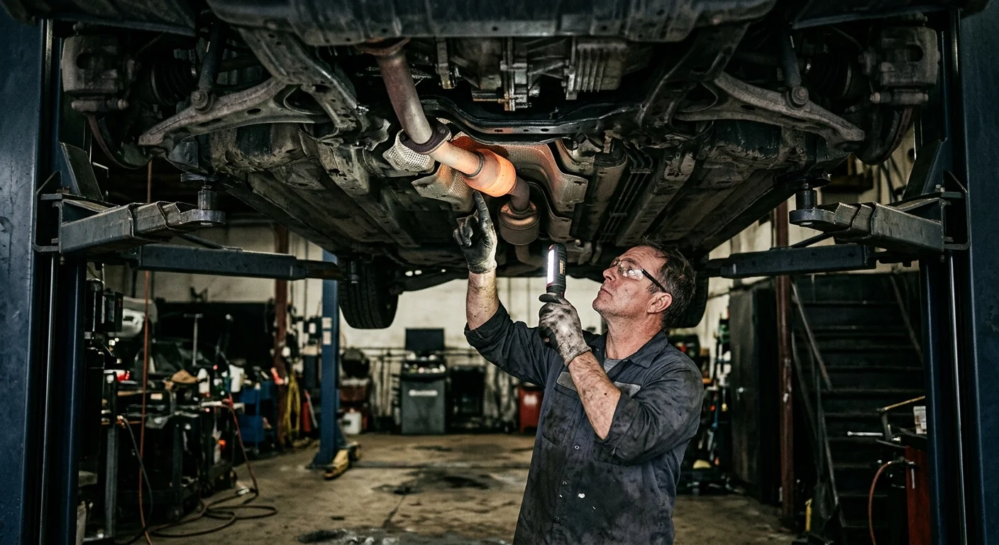 Mechanik kontroluje rozžhavený katalyzátor na zvedáku