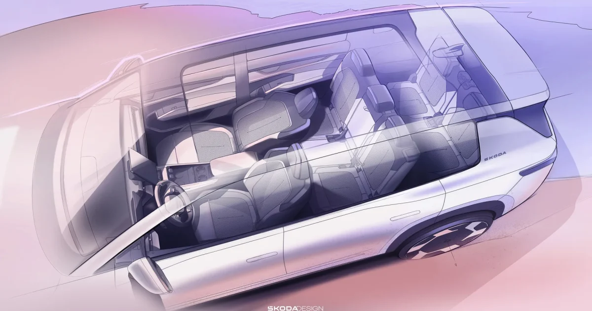 Designová skica Škoda Peaq - boční řez sedmimístnou kabinou se třemi řadami sedadel