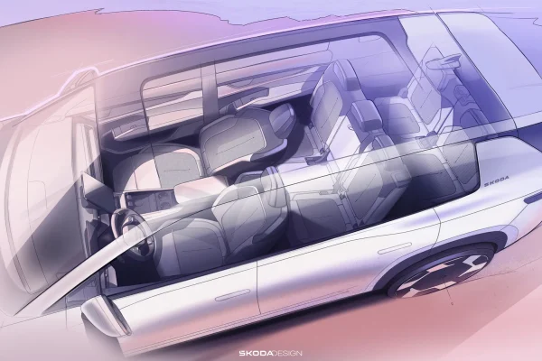 Designová skica Škoda Peaq - boční řez sedmimístnou kabinou se třemi řadami sedadel