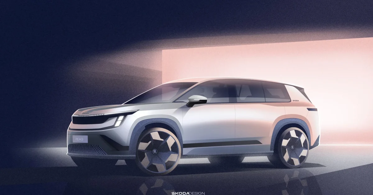Designová skica přídě Škoda Peaq se světly ve tvaru písmene T