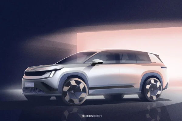 Designová skica přídě Škoda Peaq se světly ve tvaru písmene T