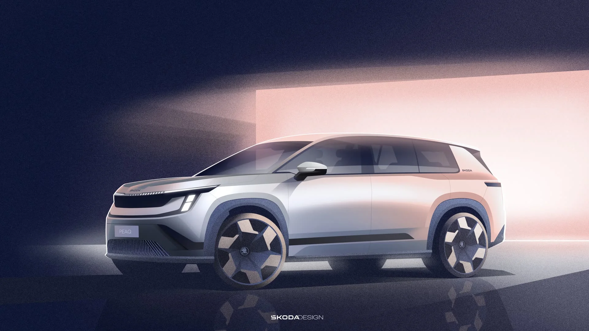 Designová skica Škoda Peaq zepředu, finální tvar bez kamufláže