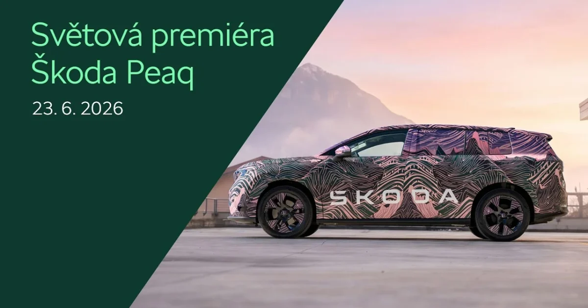 Škoda Peaq v maskovacím polepu, boční profil, upoutávka na světovou premiéru 23. června 2026