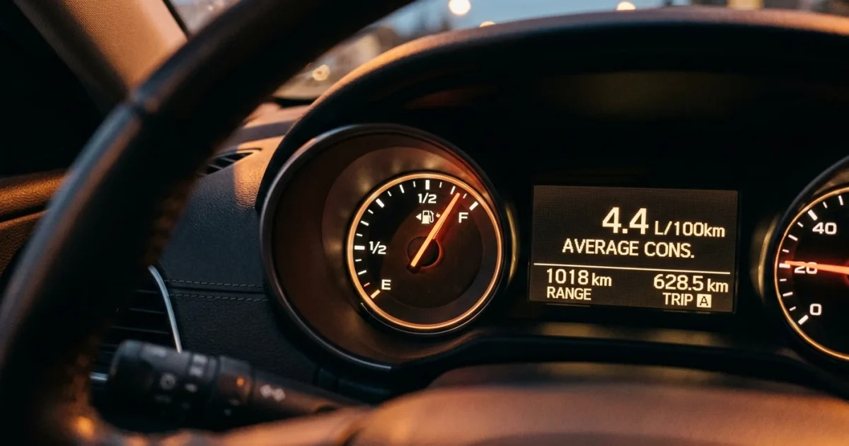 Palubní počítač auta ukazující průměrnou spotřebu 4,4 litru na 100 km