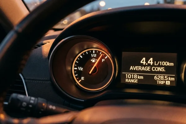 Palubní počítač auta ukazující průměrnou spotřebu 4,4 litru na 100 km