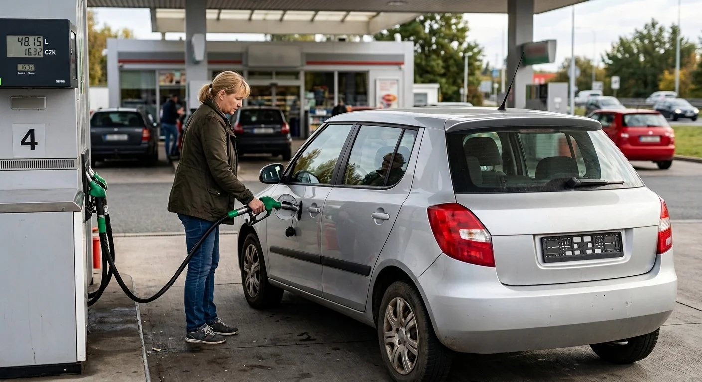 Žena tankuje benzín do malého úsporného hatchbacku na čerpací stanici