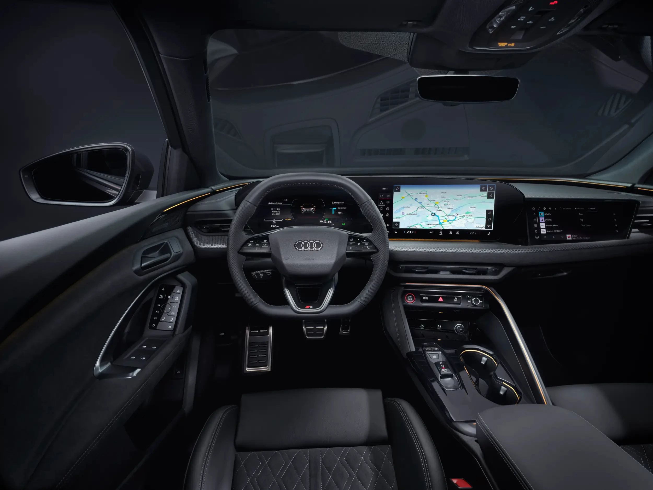 Moderní interiér Audi s digitálními displeji a ovládáním klimatizace