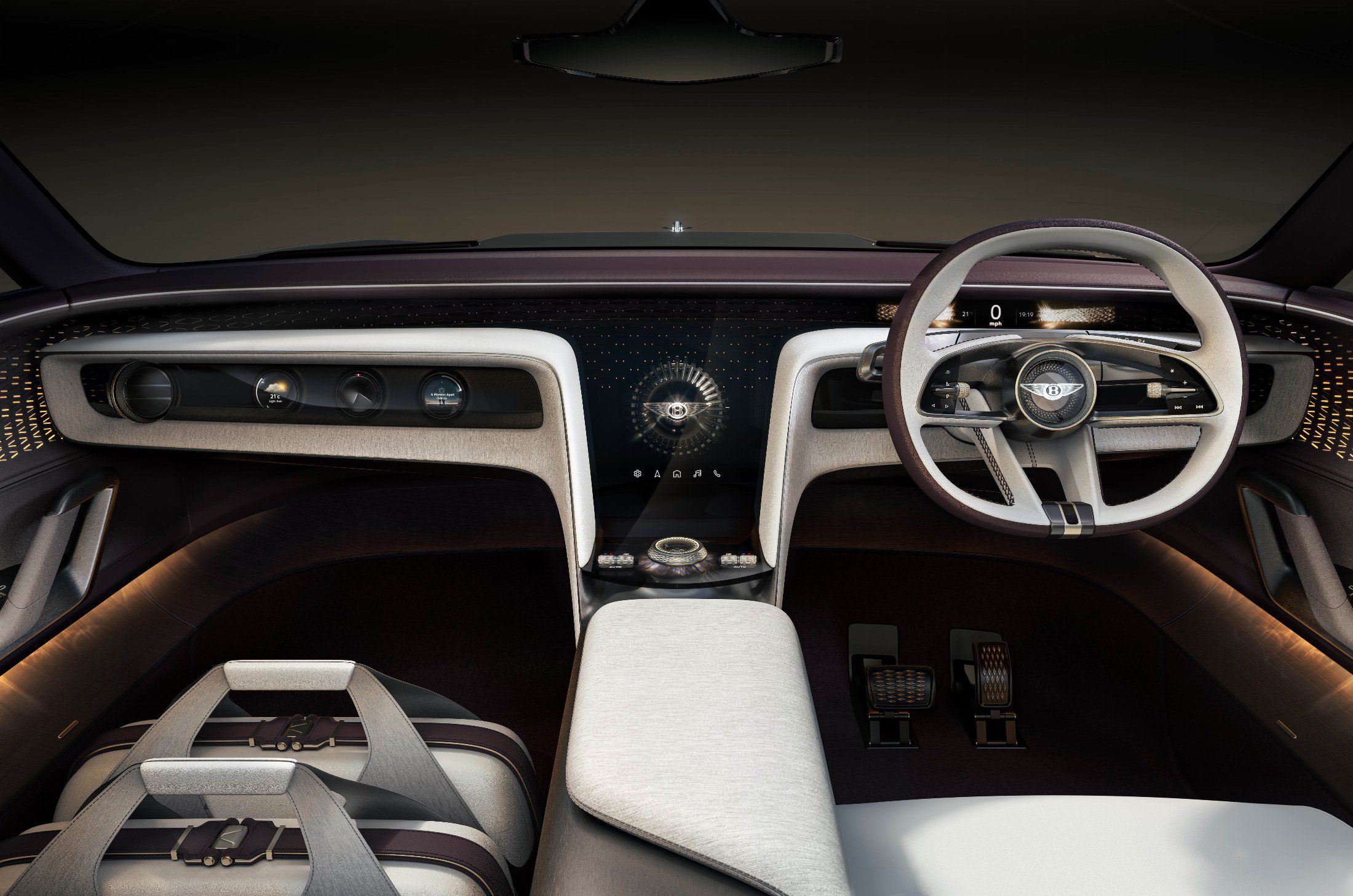 Interiér konceptu Bentley EXP 15 s digitálními displeji, kulatým volantem a plástvovými detaily