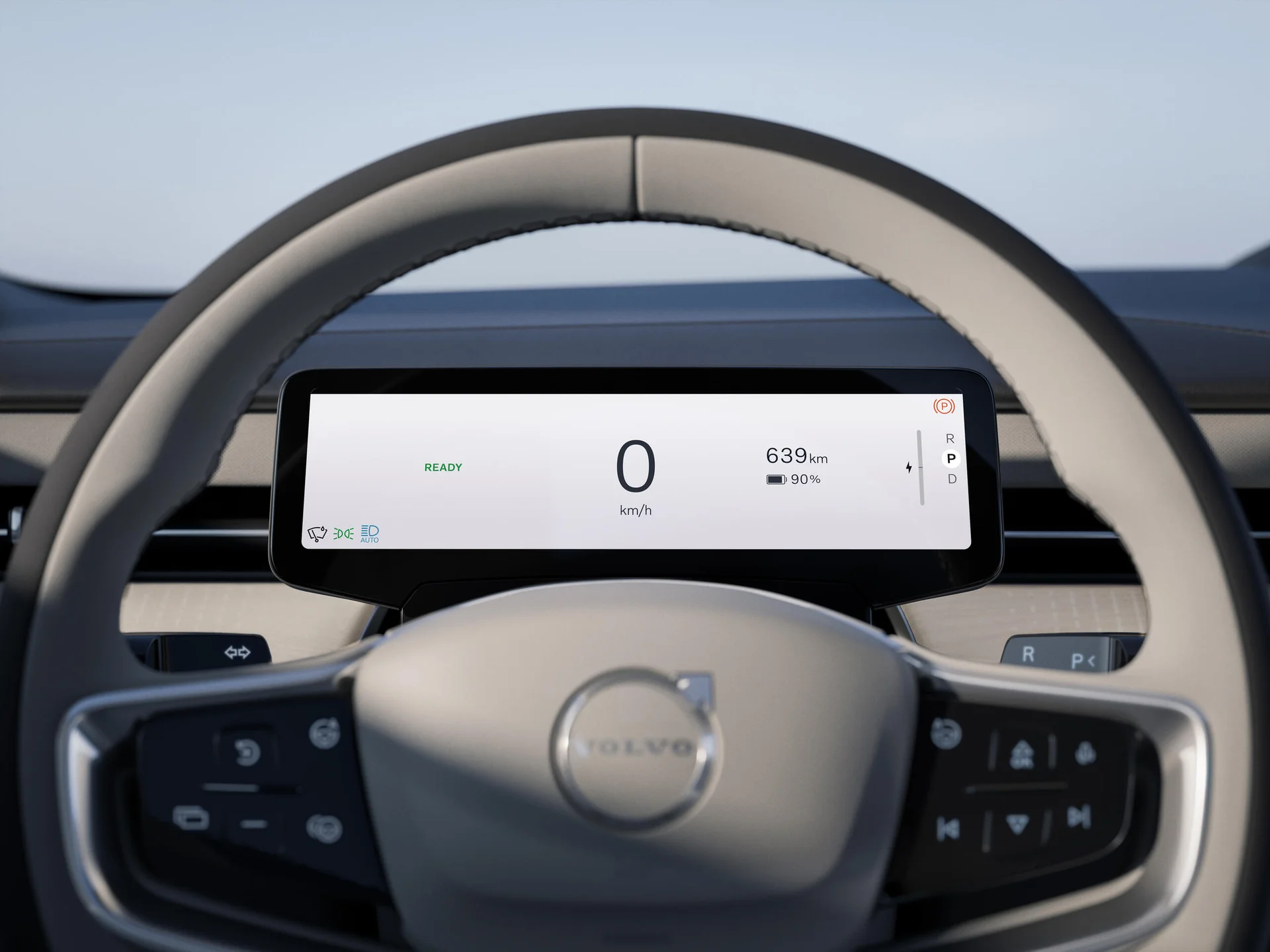 Přístrojový displej s dojezdem 639 km a ovladače volantu v interiéru Volvo ES90