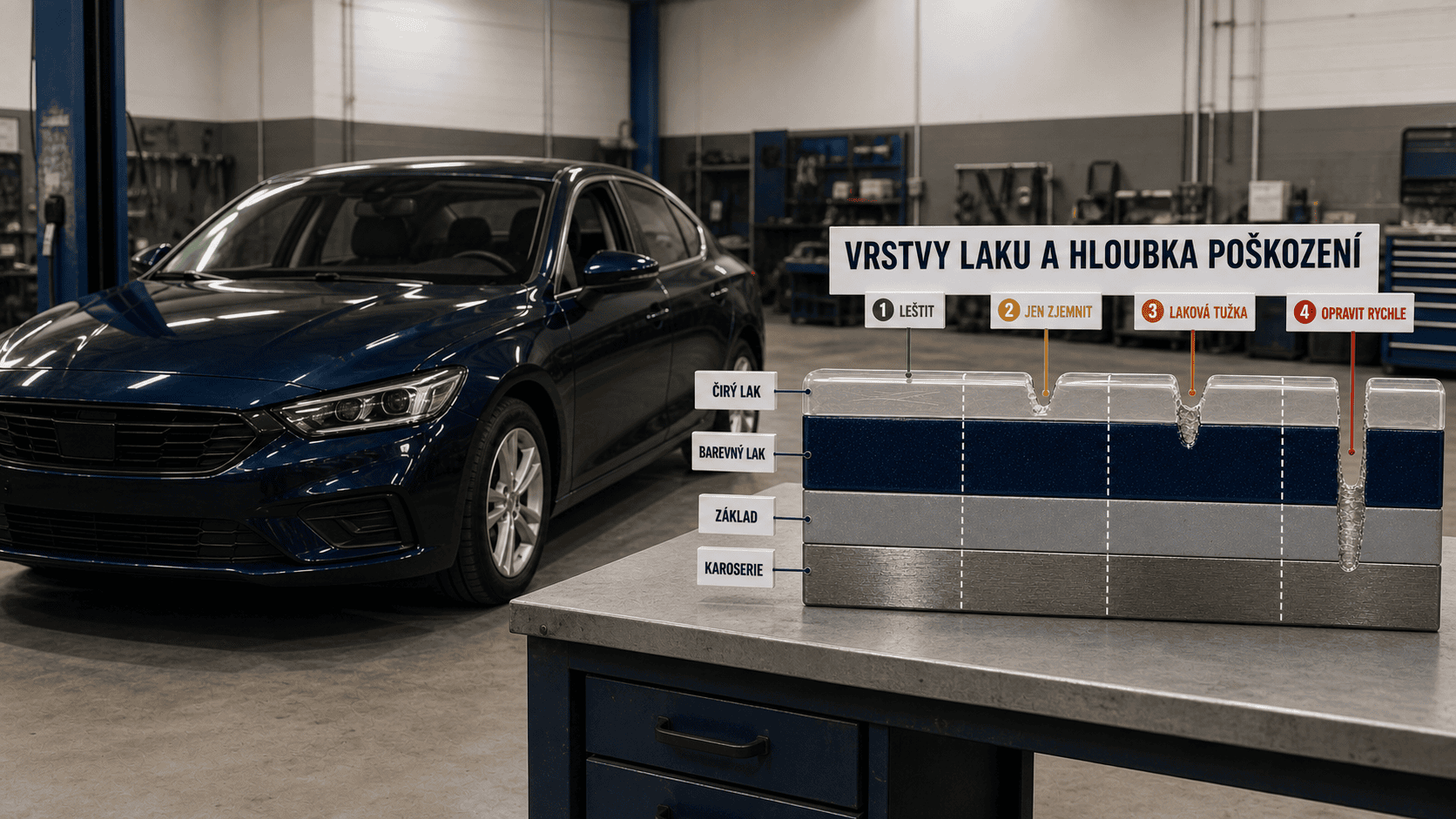 Fotorealistická infografika vrstev automobilového laku a čtyř hloubek poškození vedle tmavě modrého sedanu