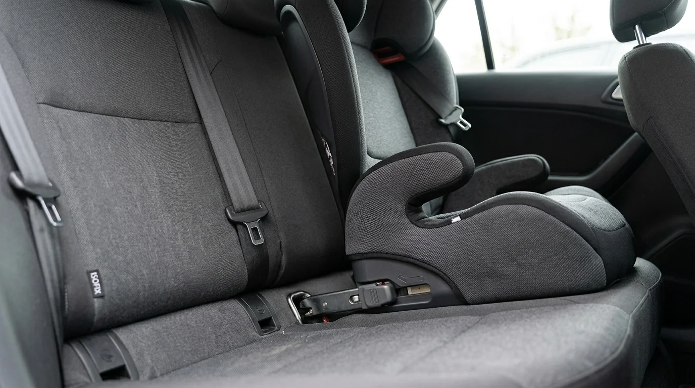 Podsedák se zádovou opěrkou upevněný pomocí Isofix konektoru na zadním sedadle auta