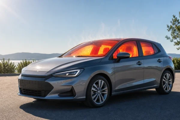 Ilustrace automobilu rozpáleného přímým sluncem s vyznačeným horkem v kabině