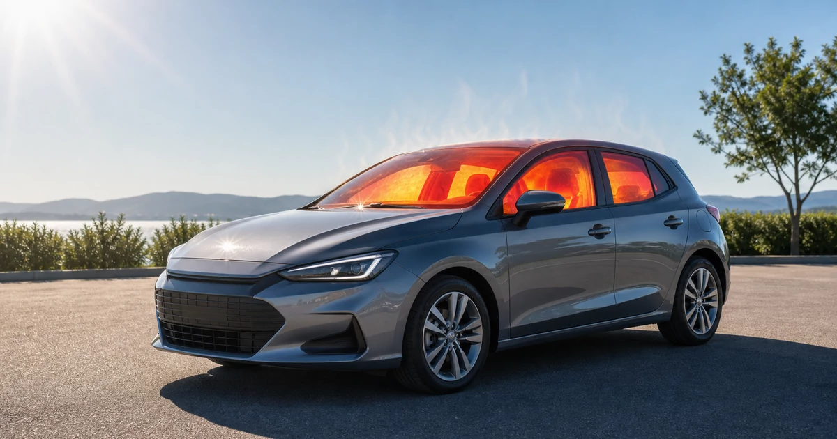 Ilustrace automobilu rozpáleného přímým sluncem s vyznačeným horkem v kabině