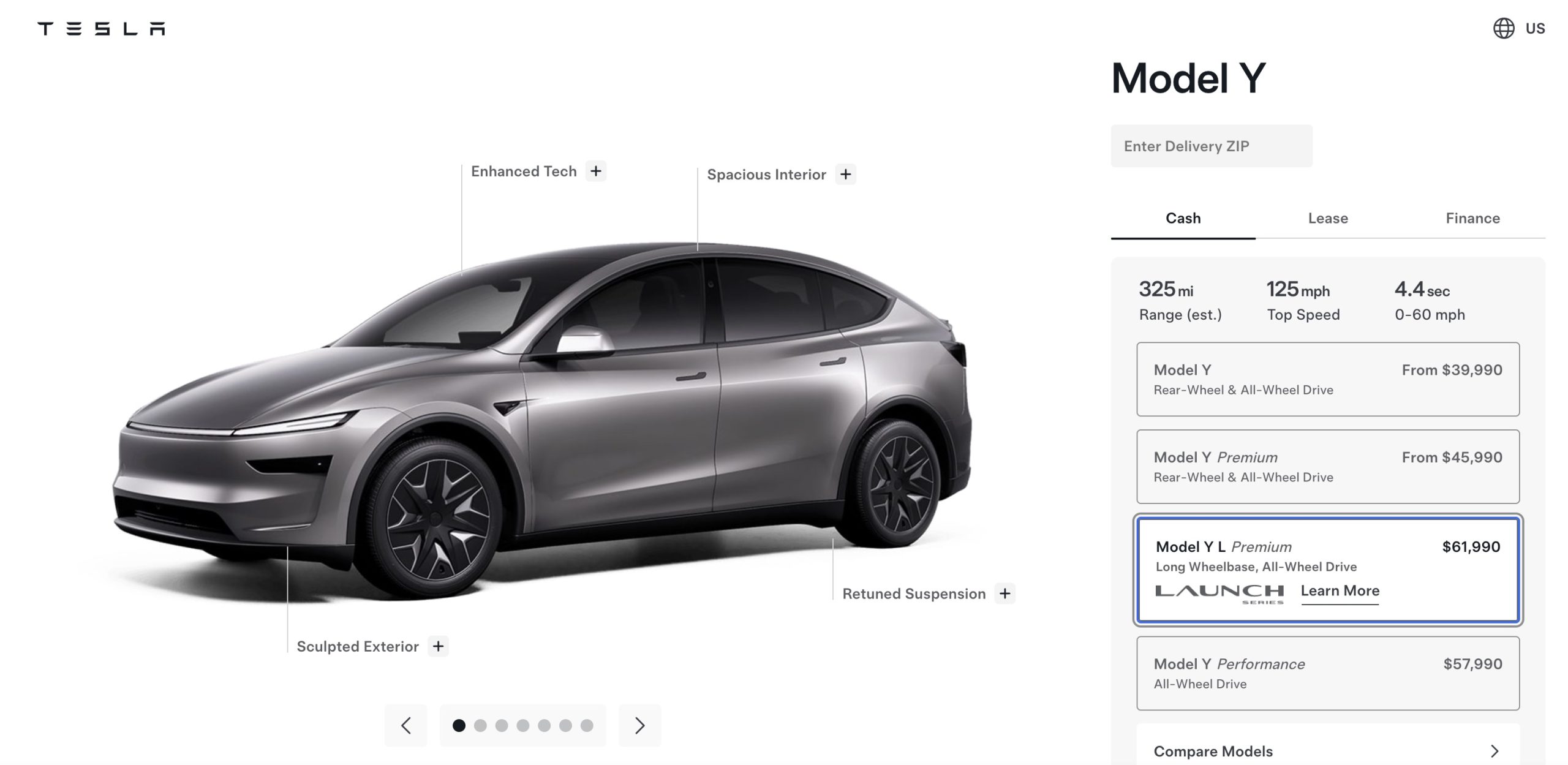 Ceník Tesla Model Y v americkém konfigurátoru s novou verzí Model Y L Premium za 61 990 dolarů