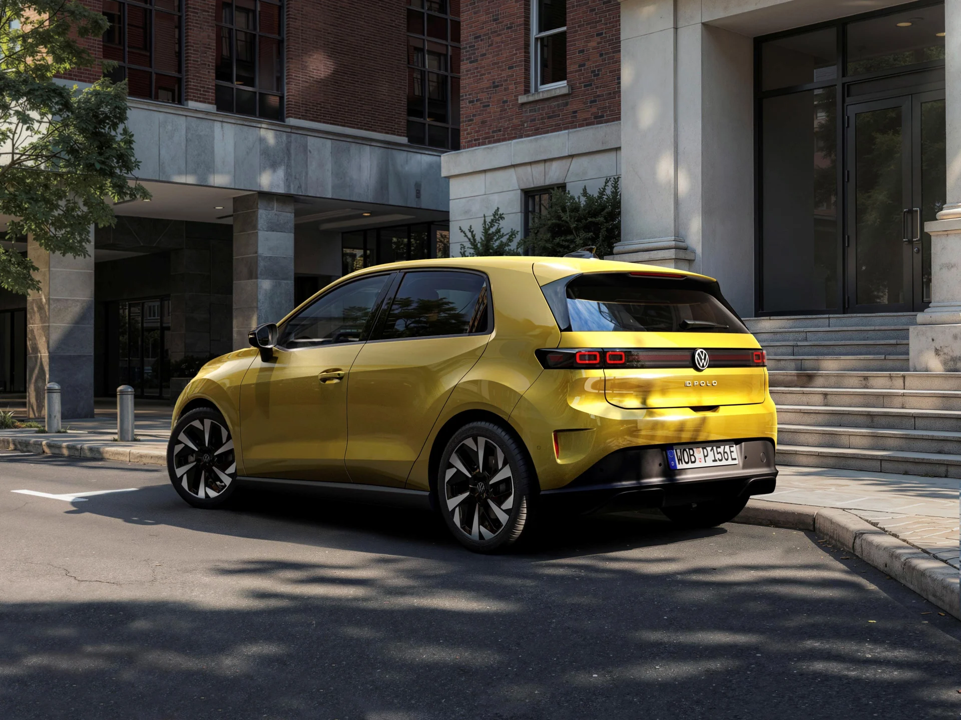 Volkswagen ID. Polo, zadní tříčtvrtinový pohled, žlutý lak