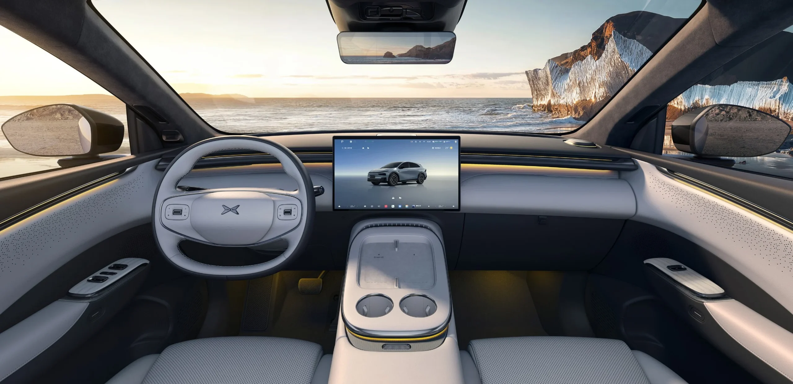 Interier XPeng G7 s centralnim displejem a AR-HUD