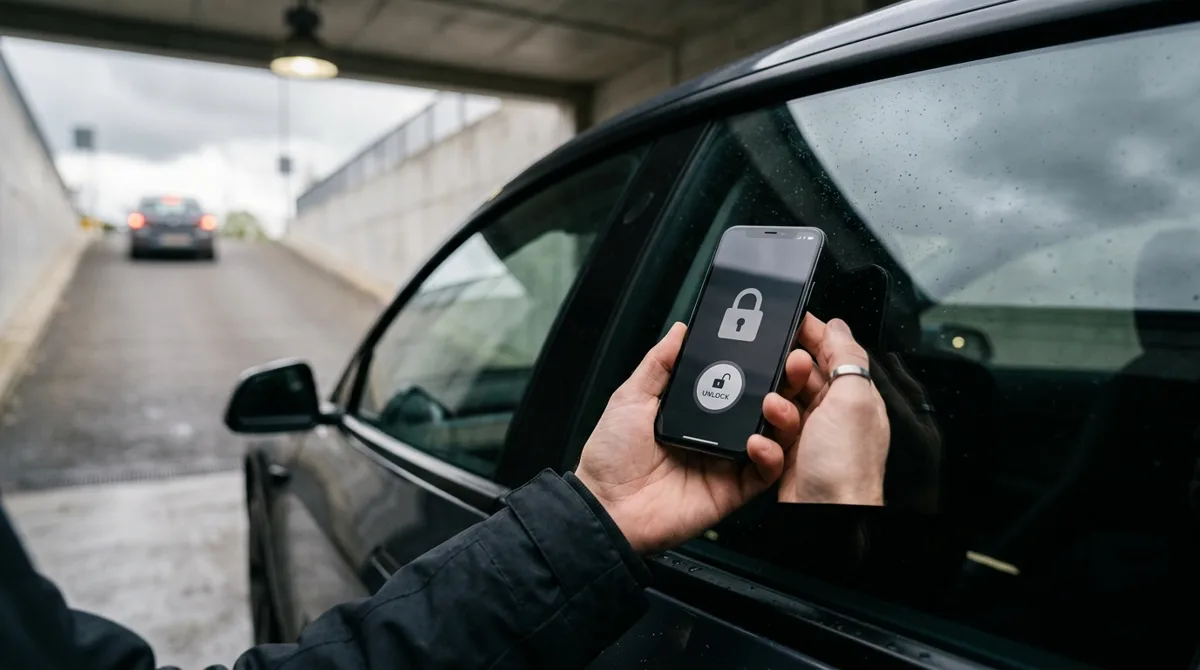 Ruka drží telefon s aplikací pro odemknutí vozu u zamčeného auta