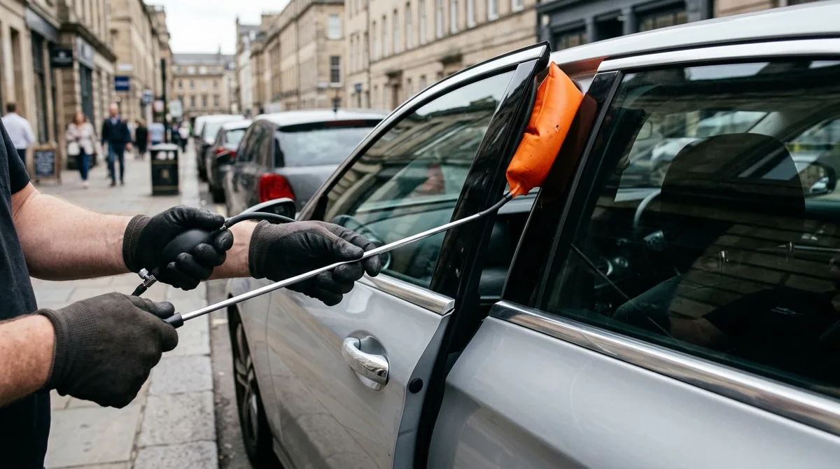 Zámečník otevírá zabouchnuté auto vzduchovým klínem a dlouhou tyčí