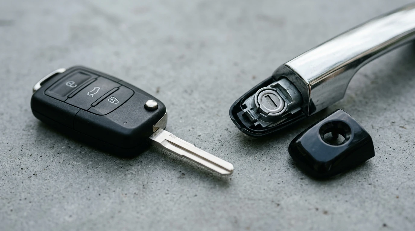 Klíčenka od auta s vysunutou nouzovou mechanickou planžetou vedle kliky dveří se sejmutou krytkou odhalující vložku zámku