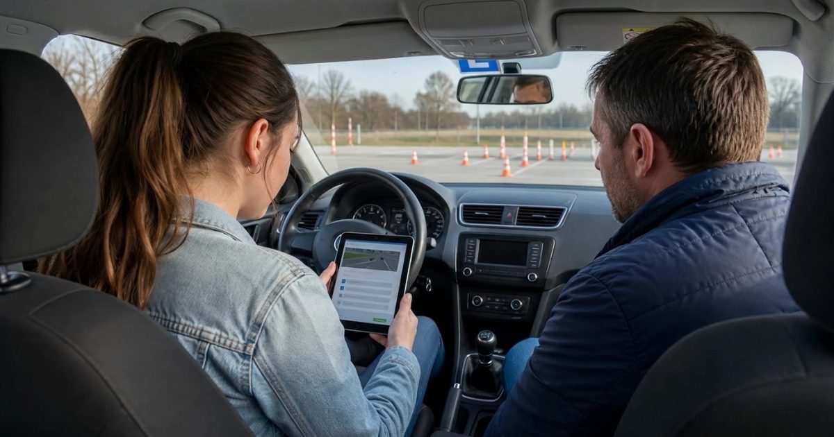 Žákyně autoškoly s tabletem a zkušebním testem sedí za volantem vedle instruktora na cvičné ploše