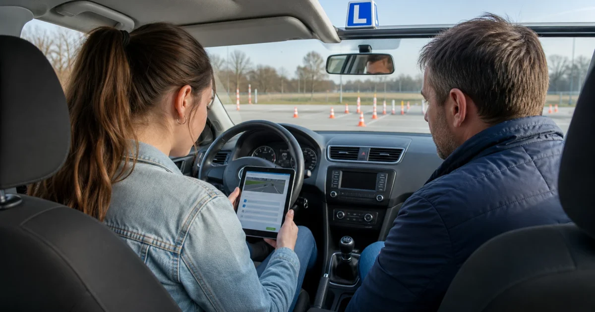 Žákyně autoškoly s instruktorem procvičuje teoretický test na tabletu v zaparkovaném výcvikovém autě