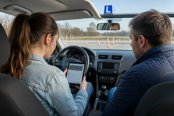 Žákyně autoškoly s instruktorem procvičuje teoretický test na tabletu v zaparkovaném výcvikovém autě