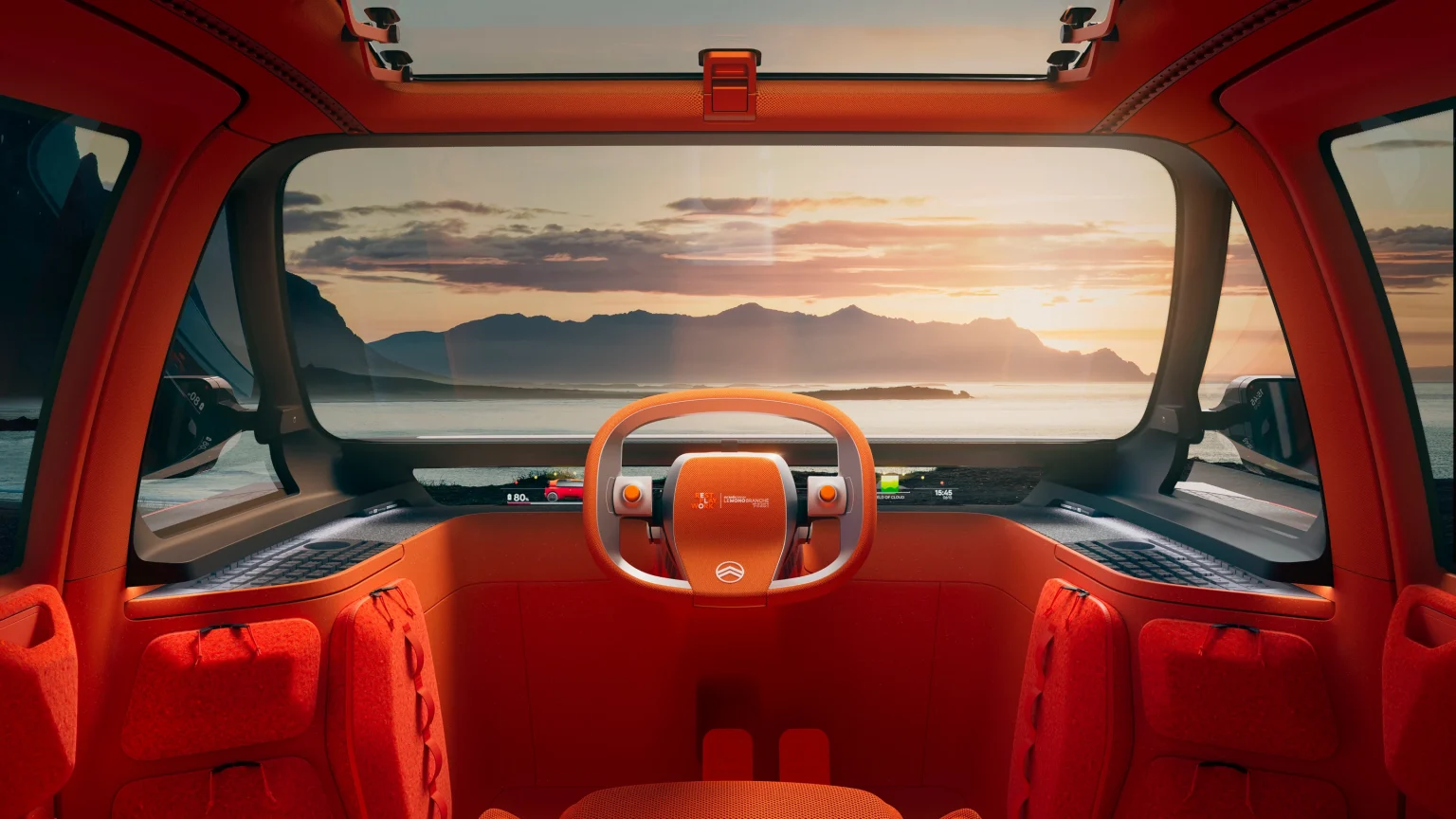 Oranžová palubní deska konceptu Citroën ELO se širokým čelním sklem