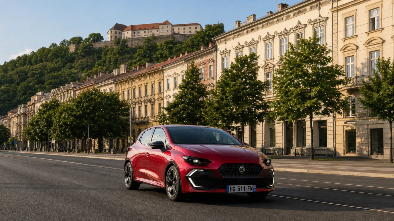 Červený Renault Clio šesté generace při jízdě v evropském městě