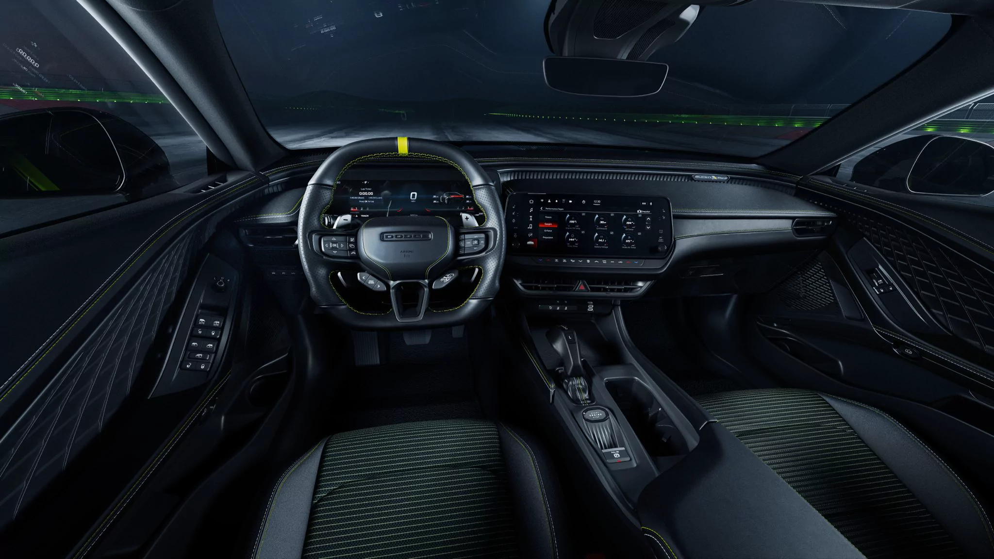 Interiér Dodge Charger Super Bee 2027 s volantem s tlačítkem pohonu zadních kol