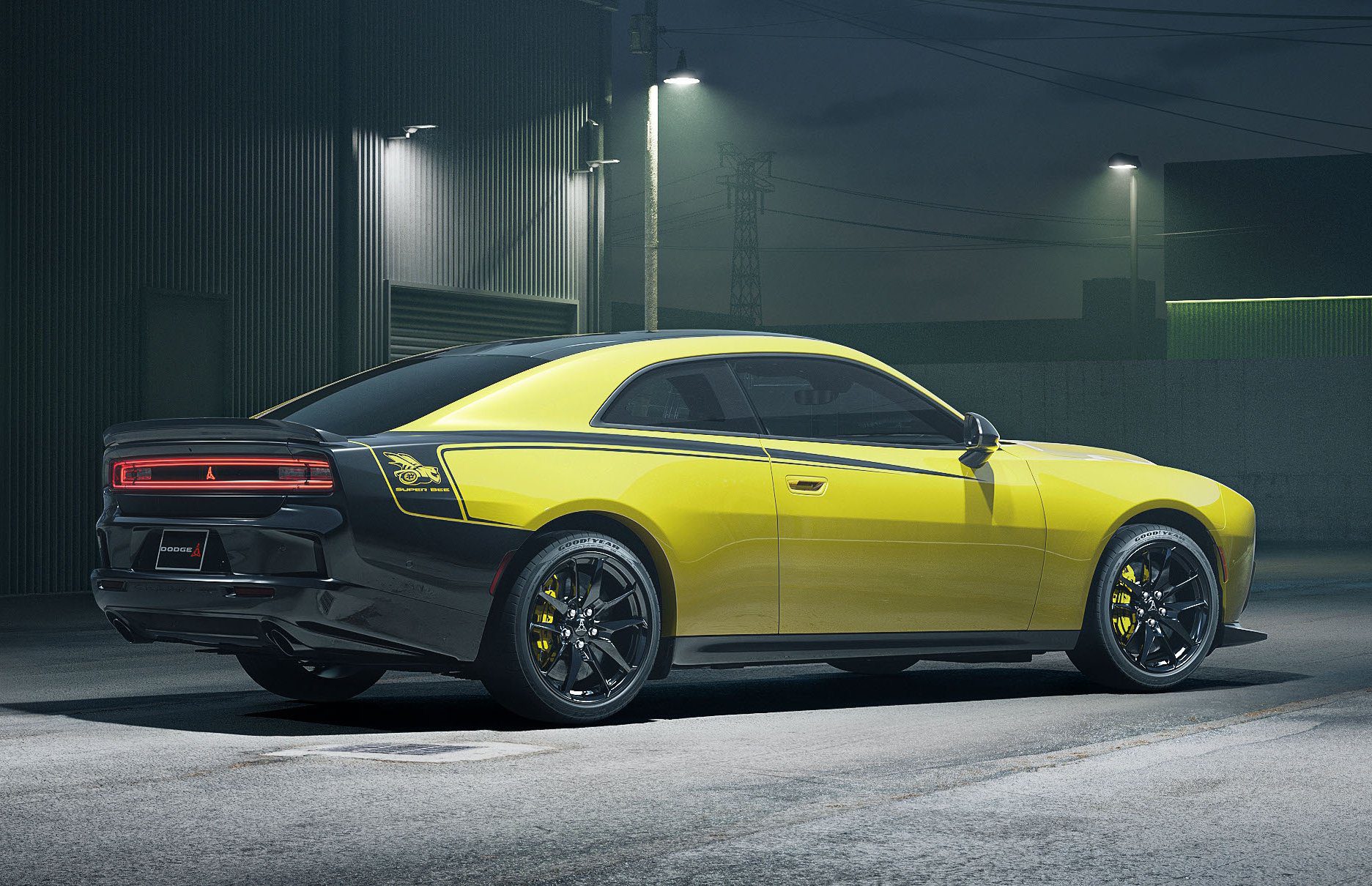 Dodge Charger Super Bee 2027 zezadu s bočním pruhem Stinger a znakem Super Bee