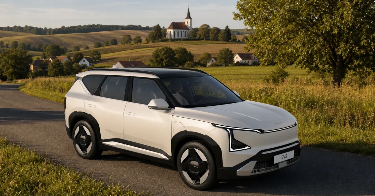 Kia EV5 2026 na české okresce u vesnice s kostelem