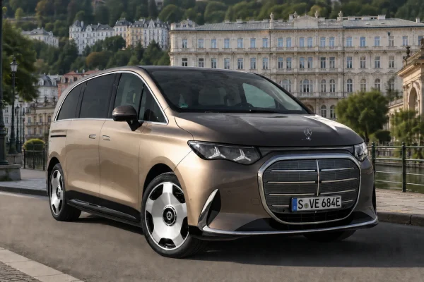Mercedes-Benz VLE zepředu z tříčtvrtečního pohledu na lázeňském bulváru
