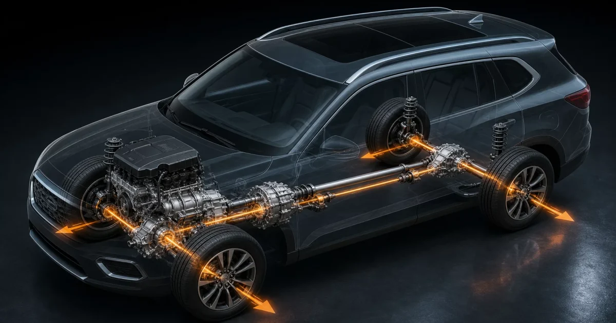 Průhledový technický pohled na mechanický pohon všech kol