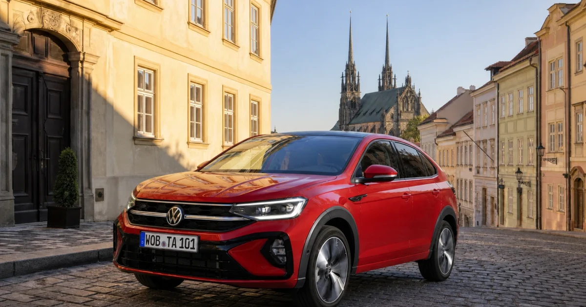 Volkswagen Taigo v červené barvě zaparkovaný v brněnské ulici s věžemi katedrály Petrov v pozadí