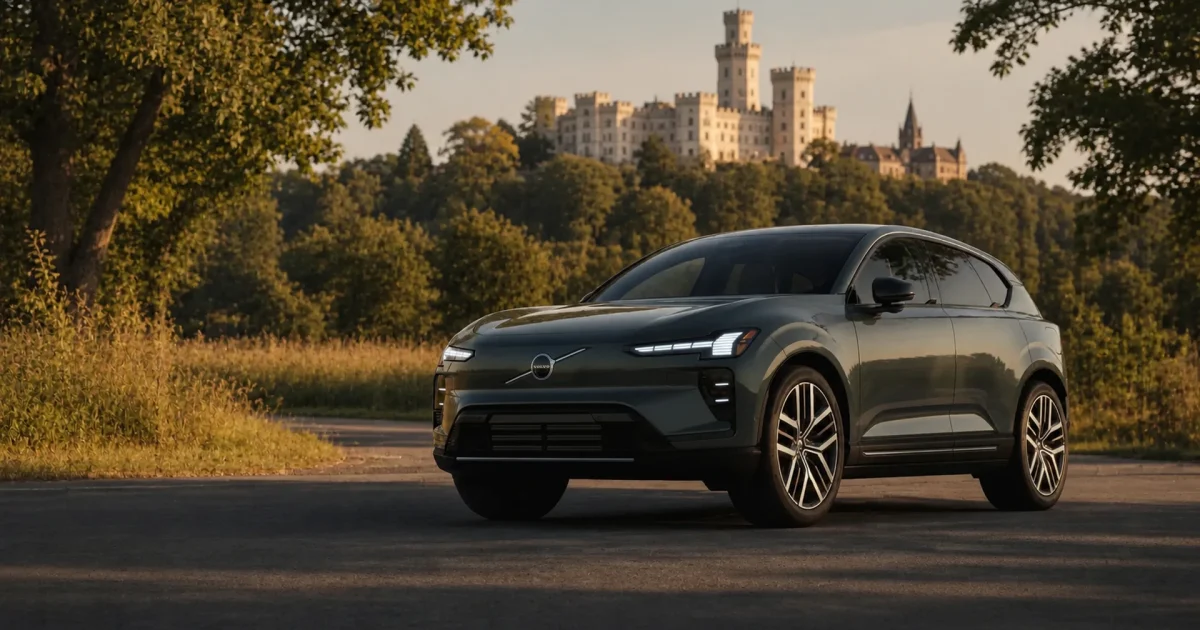 Volvo EX60 2026 v české krajině, pohled zepředu ze tří čtvrtin