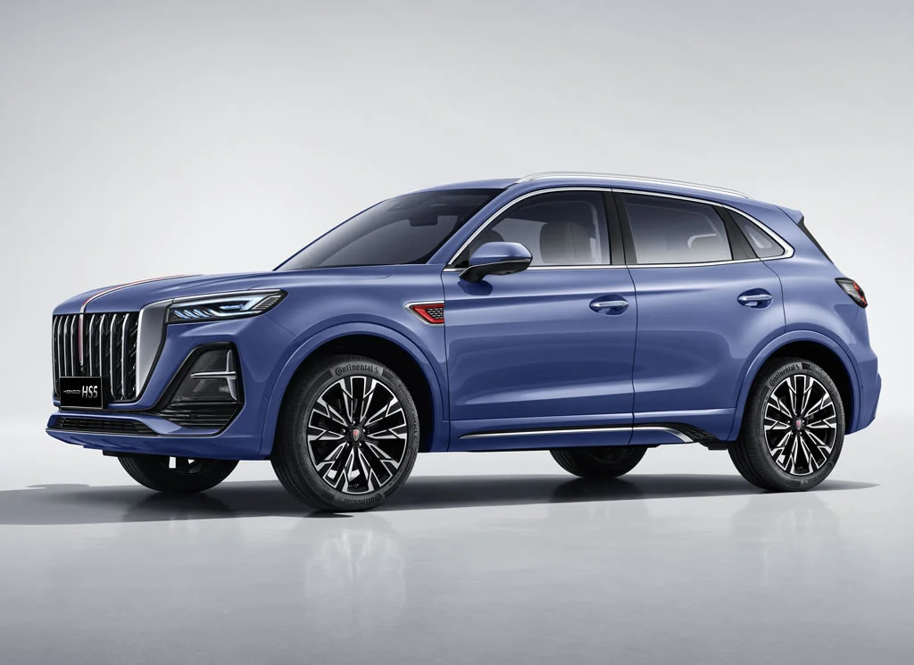 Modrý Hongqi HS5 z profilu