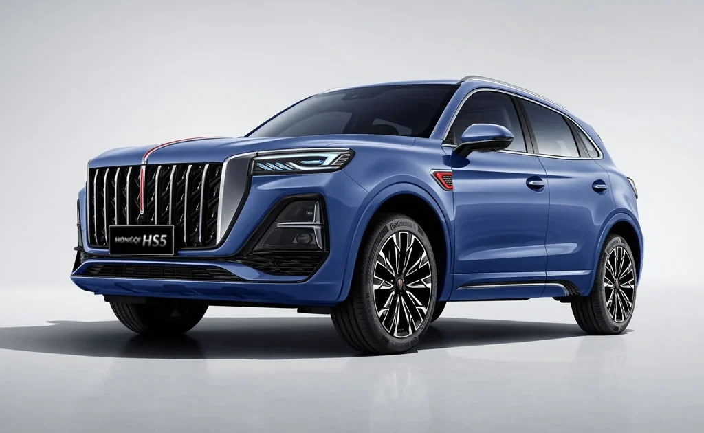 Modrý Hongqi HS5, tříčtvrteční pohled zepředu