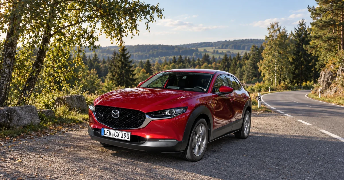 Mazda CX-30 v červeném laku na české silnici