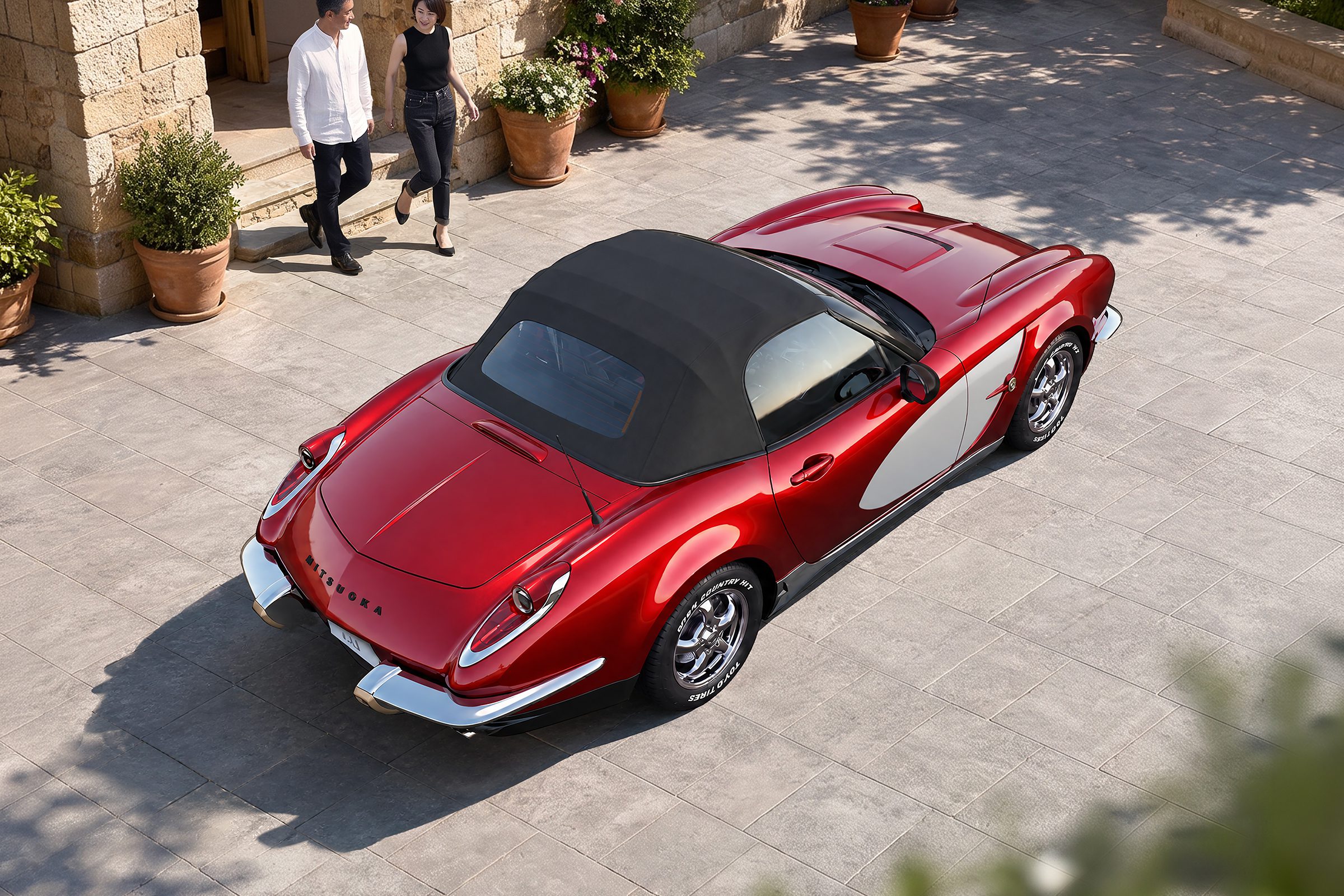 Mitsuoka LA1 zezadu s plátěnou střechou a děleným nárazníkem