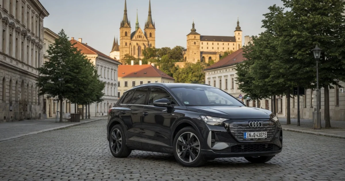 Audi Q4 e-tron 2026 facelift, 3/4 pohled zepředu v Brně s Petrovem a Špilberkem